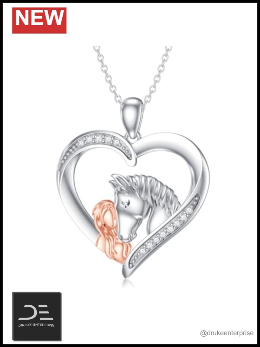 Horse & Woman Heart Pendant Necklace 925 Sterling Silver Lab Grown Diamonds
